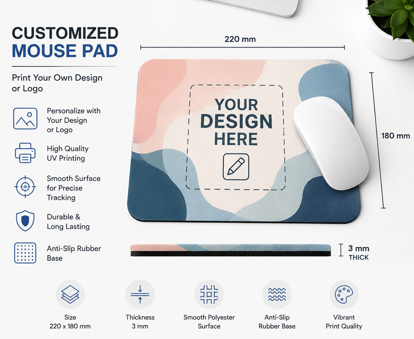 Mouse pad square 8.5 x 7 Inches, 3 mm thick